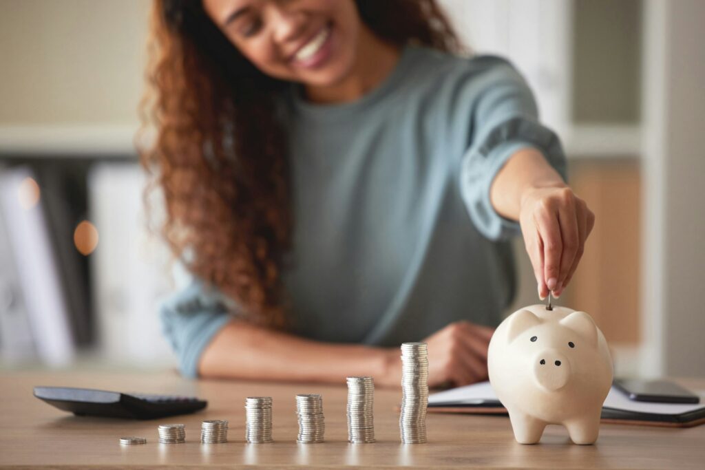 Young african american woman money putting coins into a piggybank at home. She want to permform laser depilation in cyties of Cannes and Nice, france