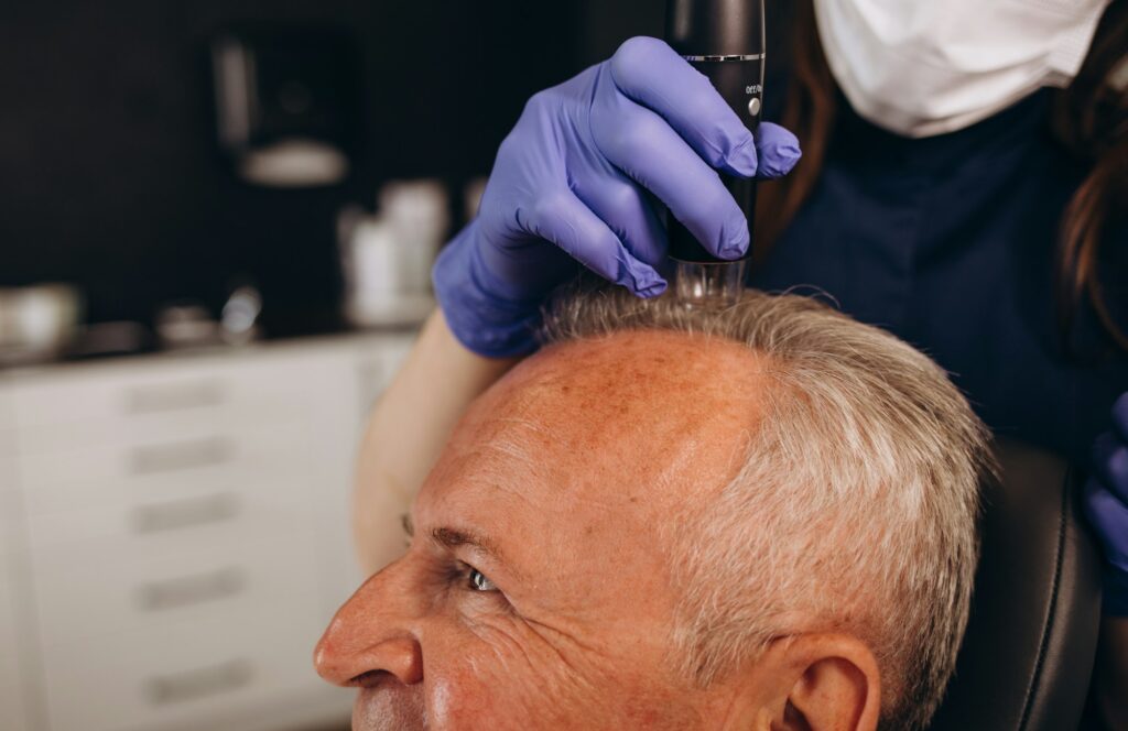 an old man is being examined for hair transplant in avignon clinic. 