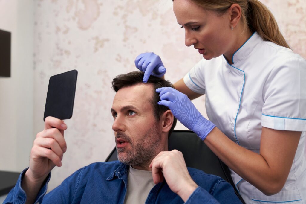 Man with baldness problem at the doctor