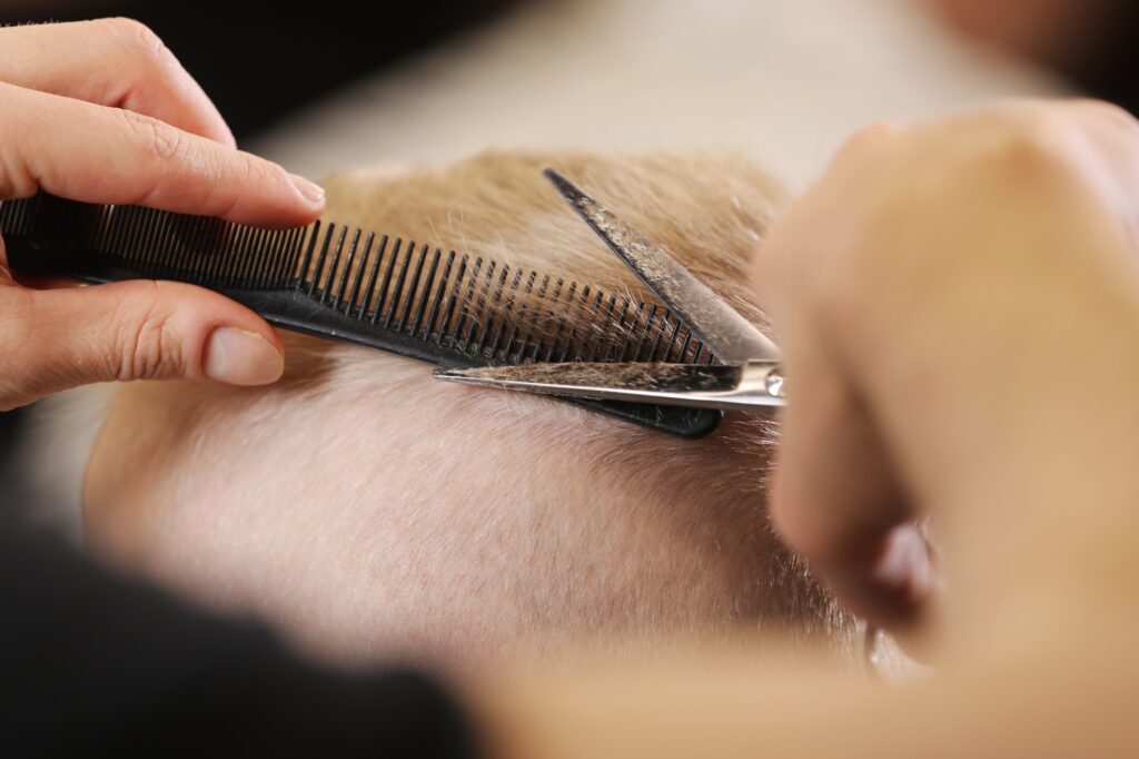 Men's hairstyling, haircutting, in a barber shop or hair salon.